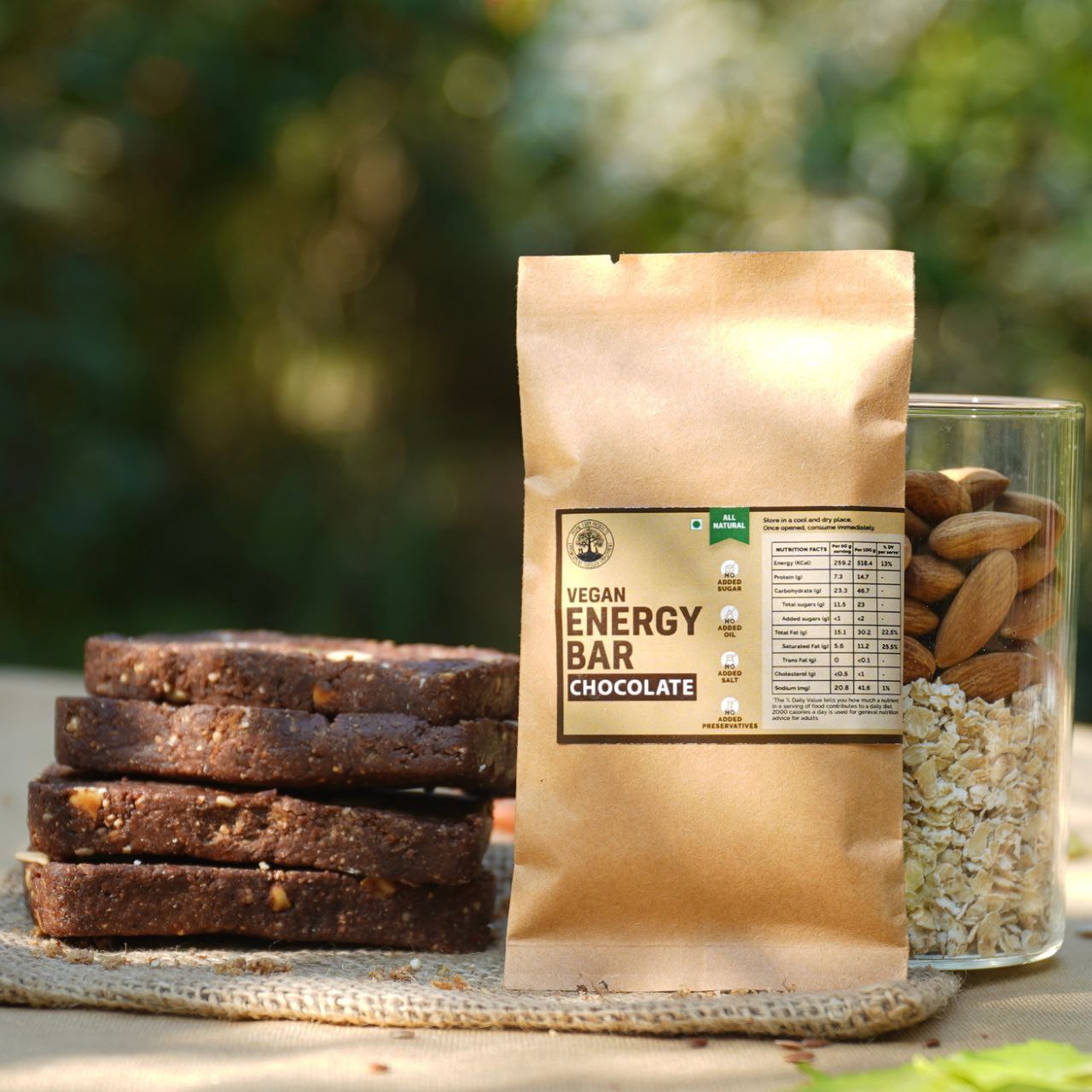 Vegan Chocolate Energy / Granola Bar (50 g), Sweetened Using Dates, 100% Organic Cacao