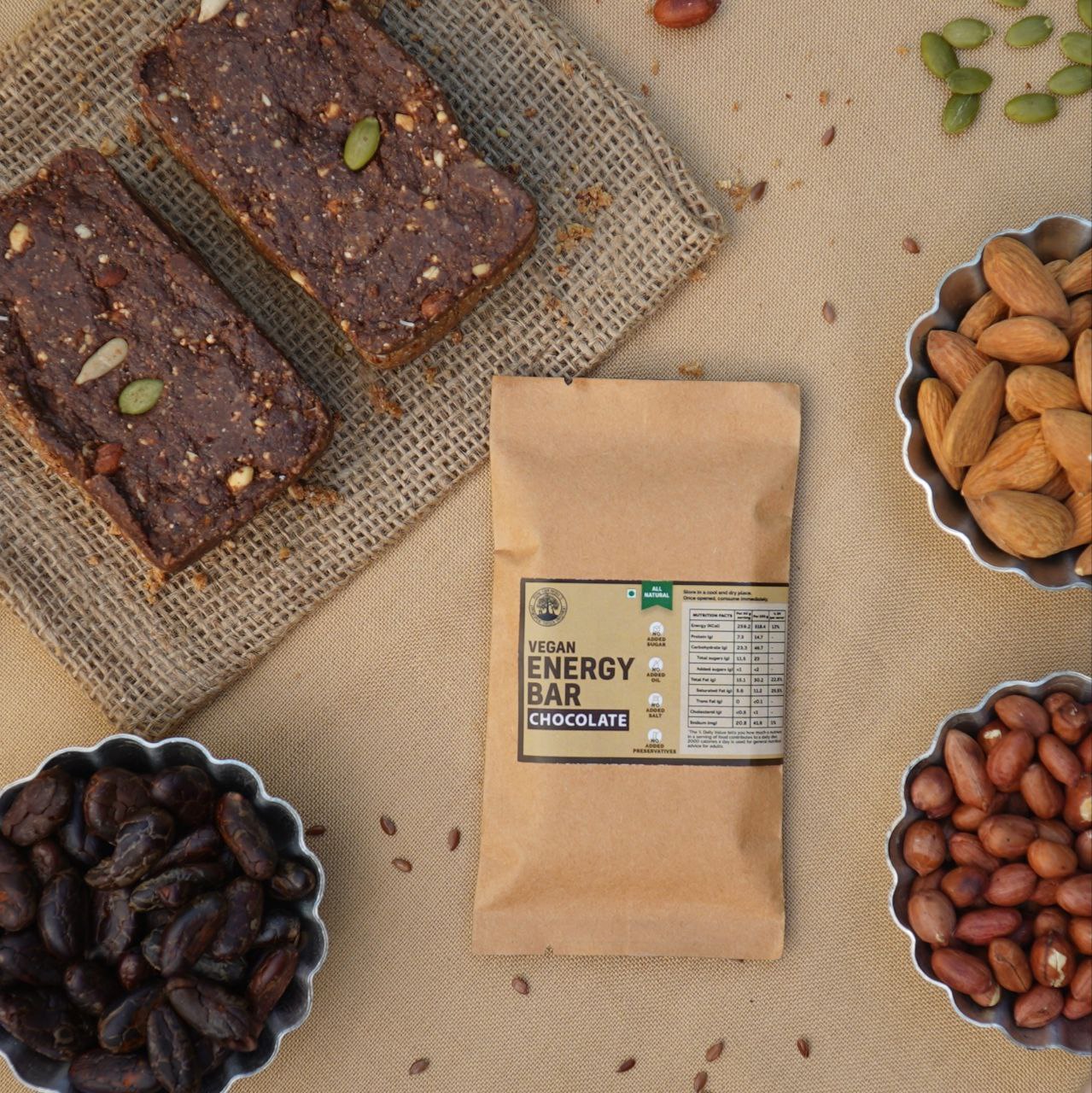 Vegan Chocolate Energy / Granola Bar (50 g), Pack of 12 Sweetened Using Dates, 100% Organic Cacao